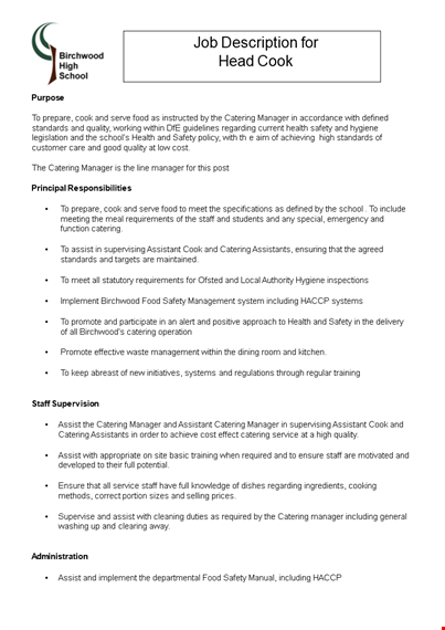 head line cook job description - ensure safety, catering, and assist manager template