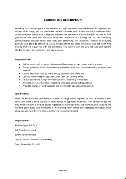 carrier job description template