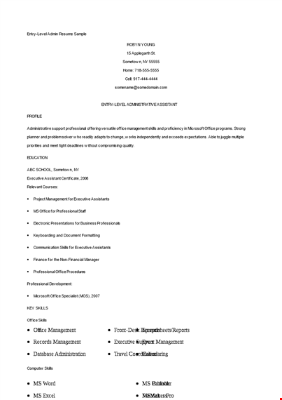 sample entry level administrative resume template