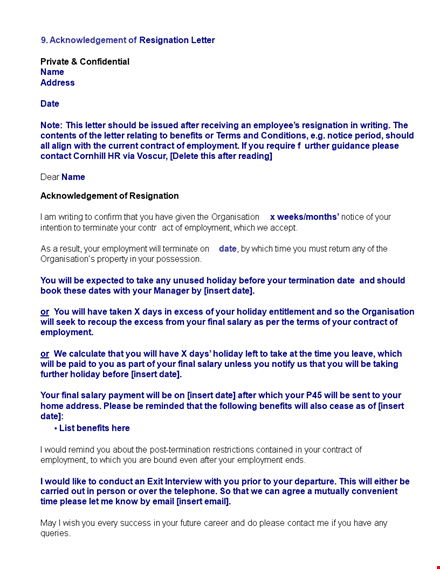 acknowledgement of resignation: download pdf template | employment insert | after template