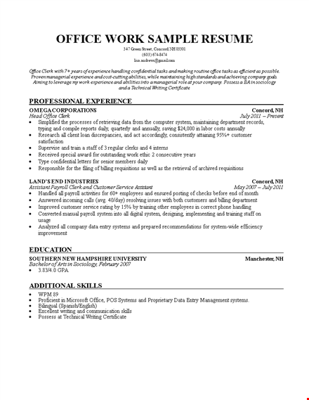 office work resume sample template