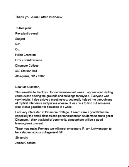 thank you email after interview template for college - dinsmore template
