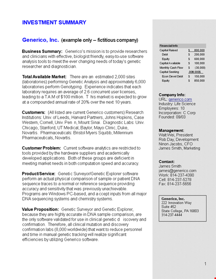 sample investment summary - analyzing the software, market, and genetic opportunities | generico template