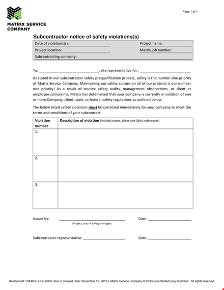 safety warning letter to subcontractor | company's safety number matrix template