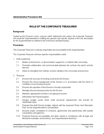 corporate treasurer job description - budget, board, superintendent, division - ensures template