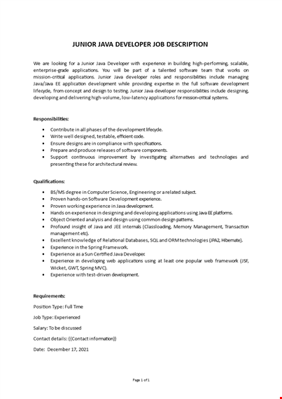 java developer fresher job description template