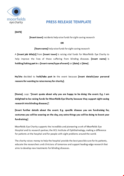 customize your charity press release template | insert your unique content | moorfields template