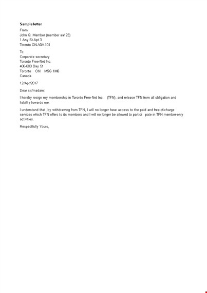 membership resignation letter in word template