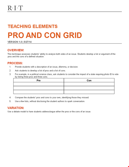 pros and cons grid template