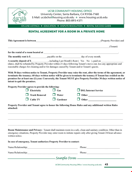 room rental lease agreement form template