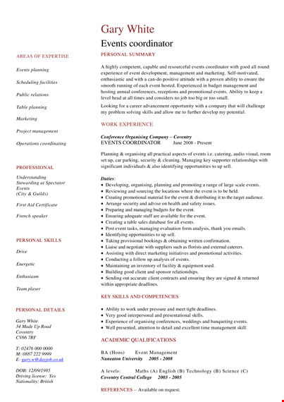 experienced marketing event coordinator resume: event management, planning, & coordination template