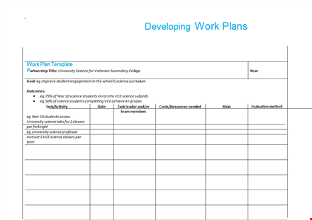 science work plan template for university students template