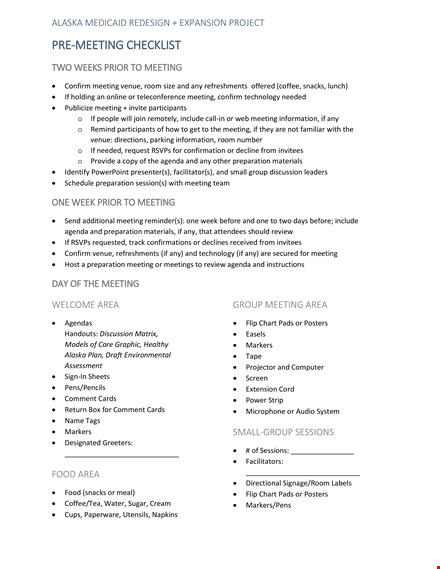 pre meeting checklist template template