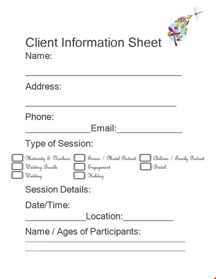 photography client information sheet template - streamline your client sessions template