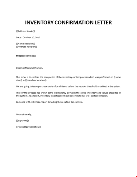 inventory confirmation letter template