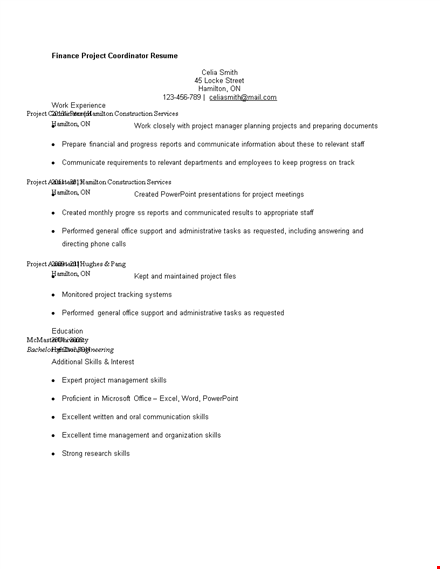 finance project coordinator resume template