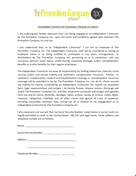 contractor liability release form template