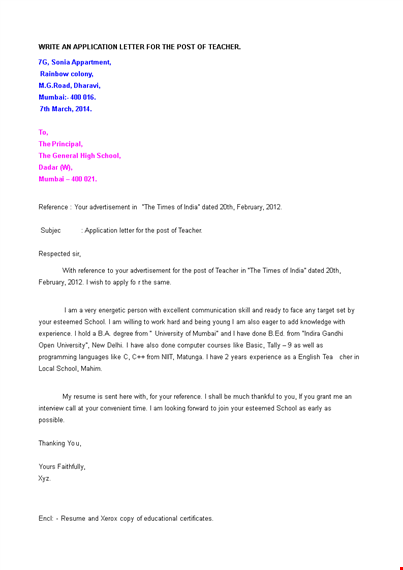 simple application letter for teacher job template