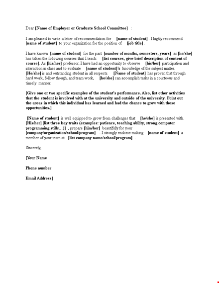 letter of recommendation for student template