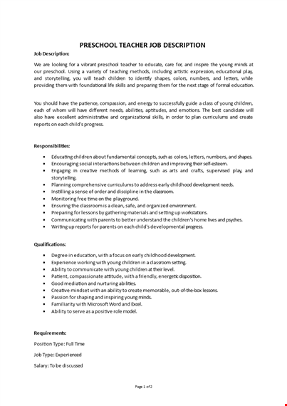 lead preschool teacher job description template