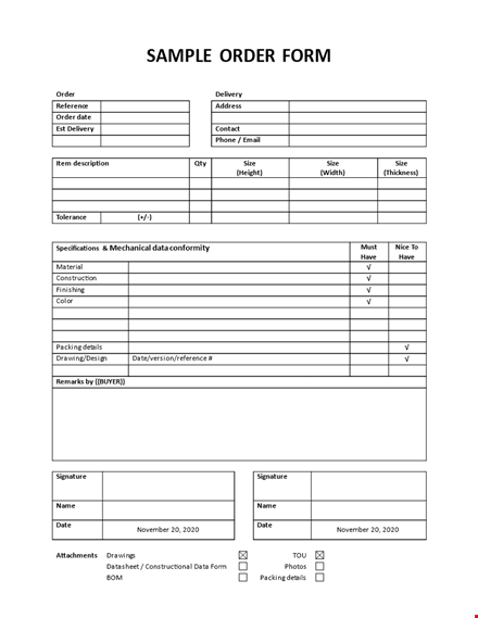 sample order form template