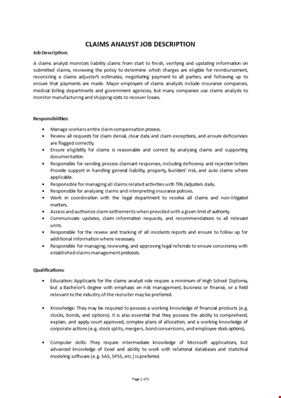 claims analyst job description template