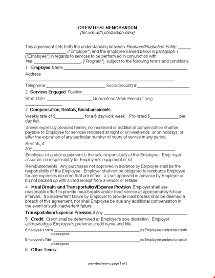 employee-employer deal memo template: program details & terms of agreement template