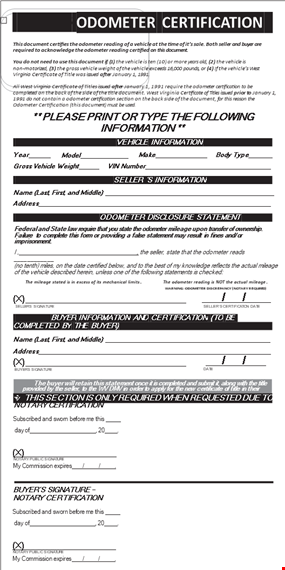 certify odometer reading with our odometer disclosure statement template