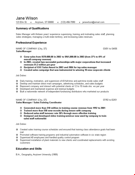 sales manager job resume template