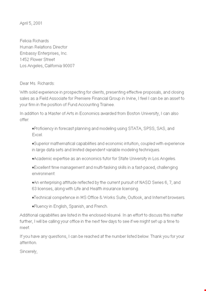 financial cover letter template