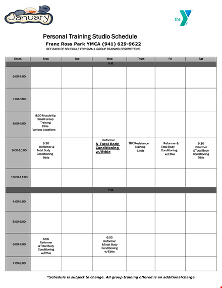 personal training studio schedule template - book group, small, and reformer training template