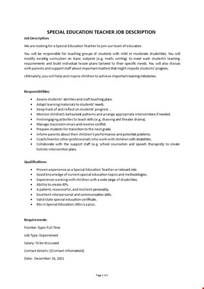 special education teacher job description template