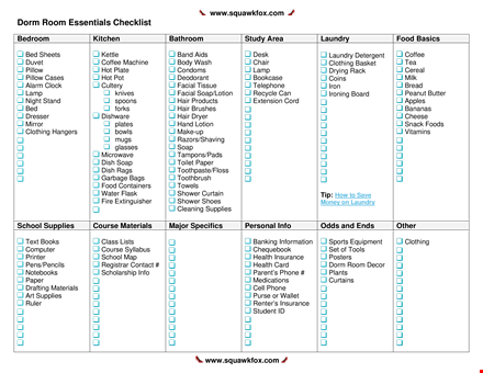 dorm room essentials checklist - supplies, squawkfox, laundry template