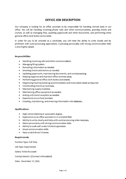 office job description template