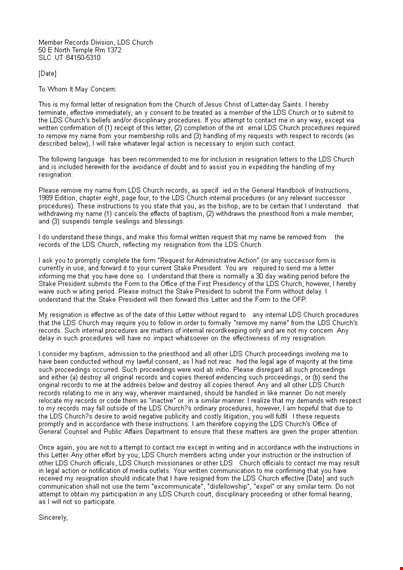 formal church resignation letter template