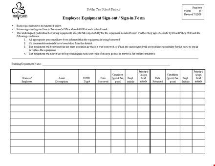 employee equipment sign in sheet template | track equipment borrowed with initials template