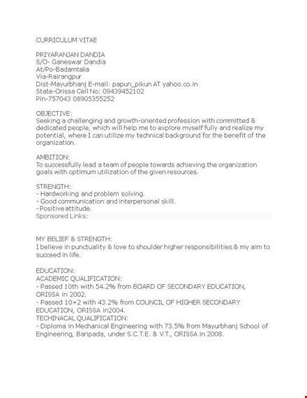 diploma fresher resume sample template