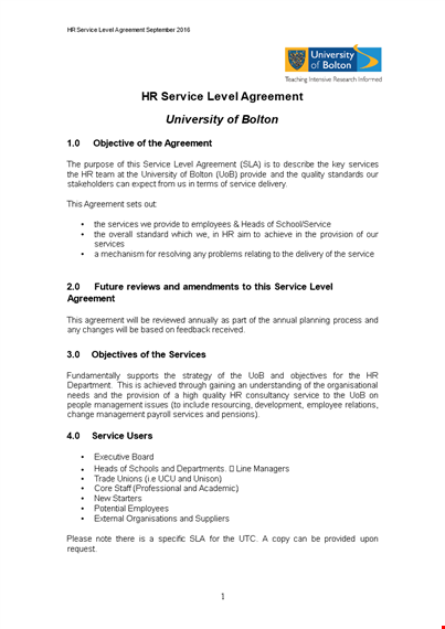 hr service level agreement template - provide relevant service template