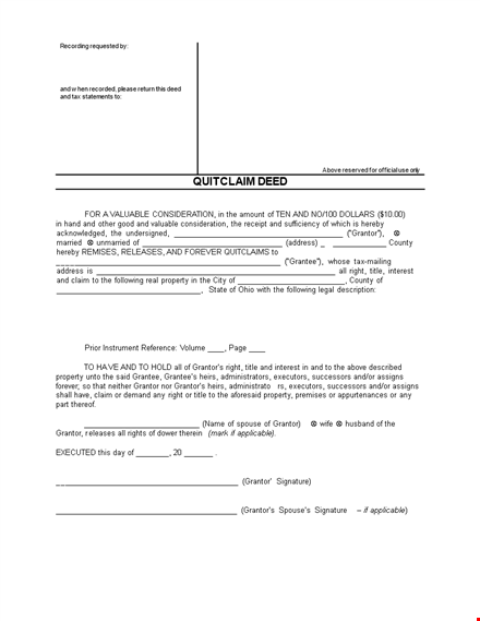 quit claim deed template - create a valid quit claim deed | address, county, grantor, grantee template