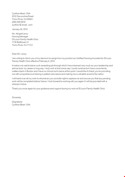 certified nurse assistant resignation letter template