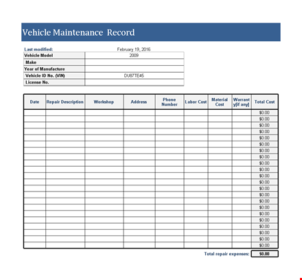 vehicle maintenance log template - track and manage vehicle maintenance, repairs, and total costs template