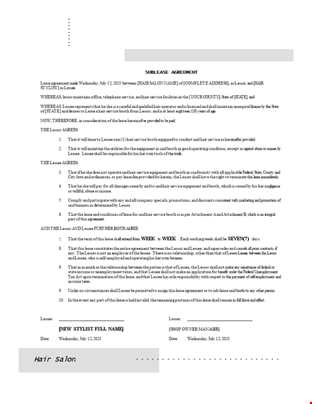 hair salon sublease contract template