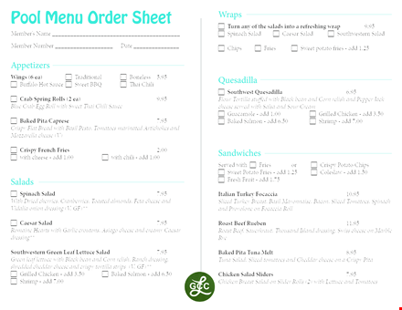 order sheet template for pool menu: salad, fries, cheese, sweet options template