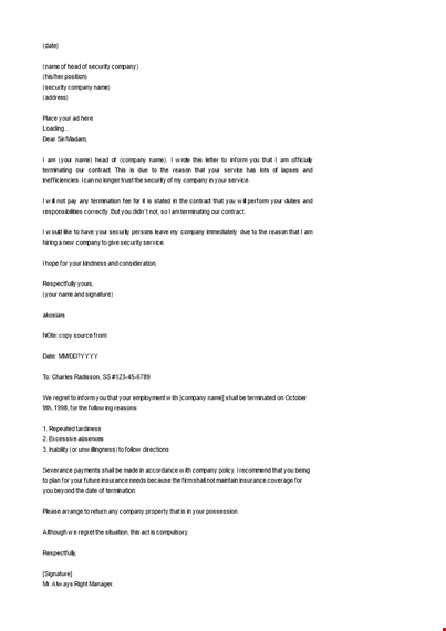 security service termination letter template word format template