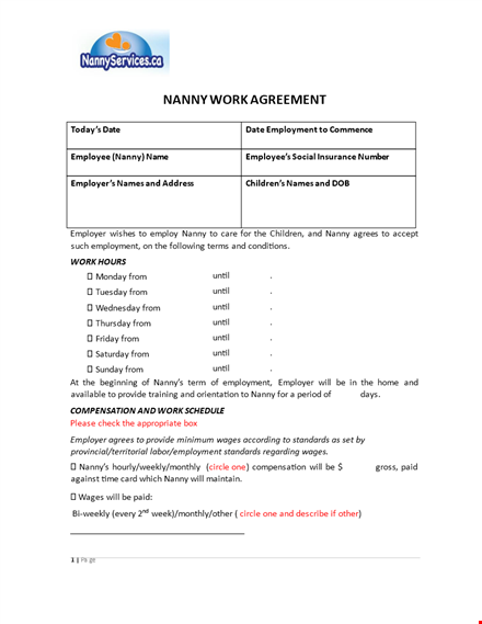 nanny work agreement - employer and nanny agreement template template