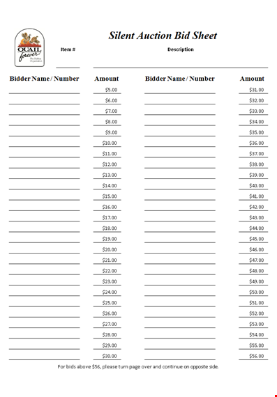 silent auction bid sheet template - record bids by number, amount, and bidder template