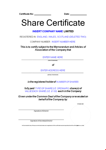 customize your company stock certificate template with unique serial number and share details template