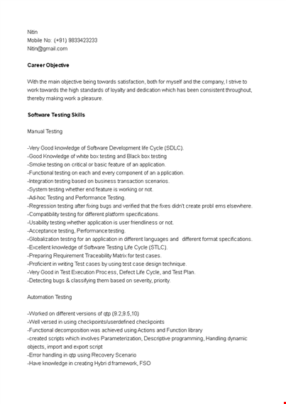 manual software testing fresher resume template