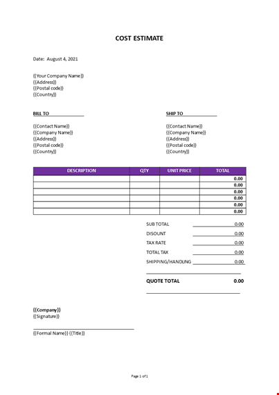 cost estimate template template