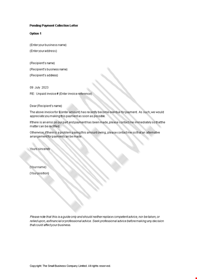 pending payment collection letter template